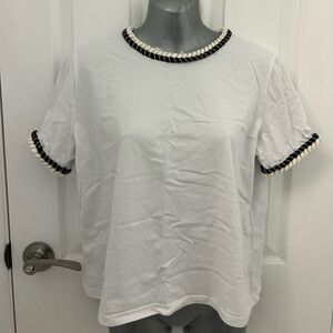 White Cropped T-shirt with Black, White and Gold Braided Details, Sz L